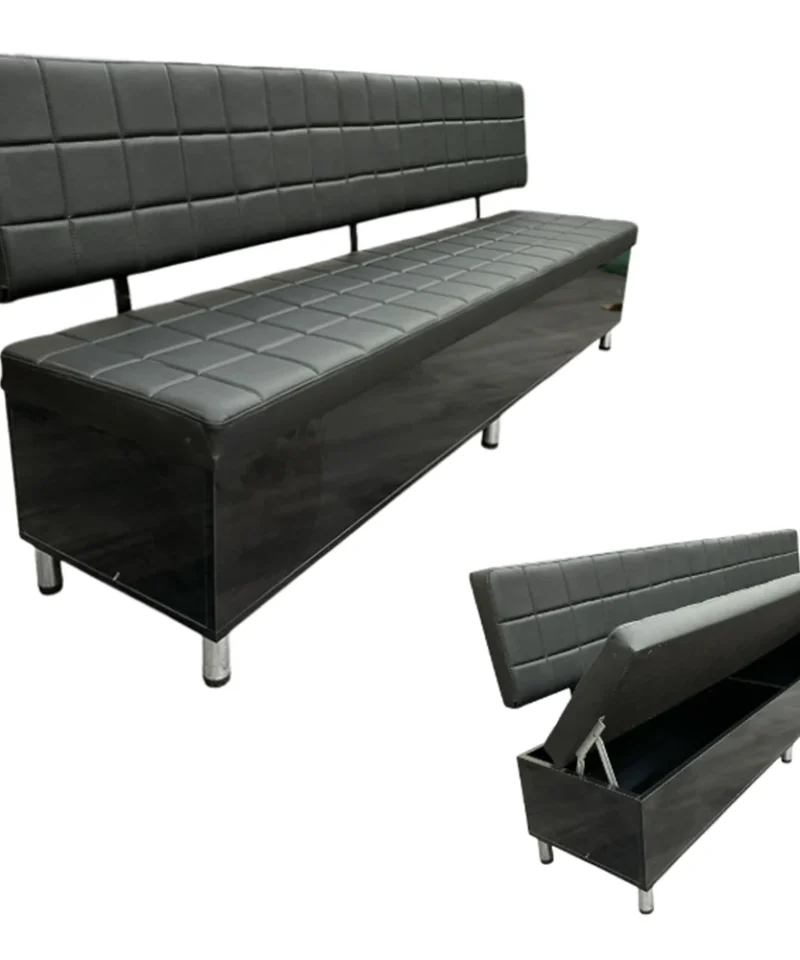 Salon Waiting Bench - Black Quilted Upholstery With Ottoman Storage