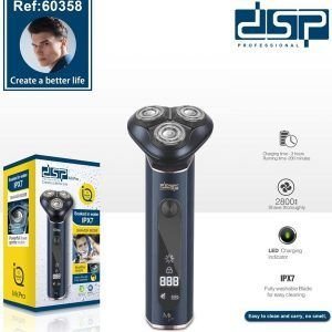 Επαναφορτιζόμενη ξυριστική μηχανή της DSP με εργονομικό σχεδιασμό και 3 κυκλικές λεπίδες που προσαρμόζονται στις καμπύλες του προσώπου, για βαθύ ξύρισμα και μέγιστο αποτέλεσμα χωρίς ερεθισμούς. Χαρακτηριστικά: Ισχύς: 3W, Υλικό λεπίδων: ανοξείδωτο ατσάλι, Ψηφιακή οθόνη ενδείξεων, Ταχύτητα: 2800 rpm, Ενσωματωμένη επαναφορτιζόμενη μπαταρία 3.7V 2000mAh, Αυτονομία έως 200 λεπτά με μία πλήρη φόρτιση 3 ωρών. Επίπεδο στεγανότητας: IPX7 Waterproof, Αφαιρούμενη-πλενόμενη κεφαλή. Τεχνολογία χαμηλού θορύβου: