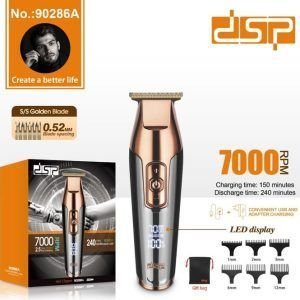 Επαναφορτιζόμενη κουρευτική μηχανή & trimmer με λεπίδα ακριβείας από ανοξείδωτο ατσάλι και εντυπωσιακό design. Με μεγάλη αυτονομία μπαταρίας, εργονομικό σχεδιασμό και αξεσουάρ, ιδανική για κάθε είδους περιποίηση σε μαλλιά, γένια και σώμα. Κατάλληλη για οικιακή και επαγγελματική χρήση. Χαρακτηριστικά: Ισχύς: 5W, Ταχύτητα 7000 RPM, Ψηφιακή οθόνη ένδειξης μπαταρίας LED, Λειτουργία χαμηλού θορύβου, Επαναφορτιζόμενη μπαταρία, Χρόνος φόρτισης: 2.5 ώρες, Χρόνος λειτουργίας: έως 240 λεπτά, 6 χτενάκια για διαφορετικά μήκη κοπής (1/2/3/6/9/12mm). Η συσκευασία περιλαμβάνει: 1 x Κουρευτική μηχανή, 1 x Καλώδιο φόρτισης, 6 x Χτενάκια οδηγοί, 1 x Βούρτσα καθαρισμού, 1 x Λαδάκι λίπανσης, 1 x Οδηγίες χρήσης στα Αγγλικά.